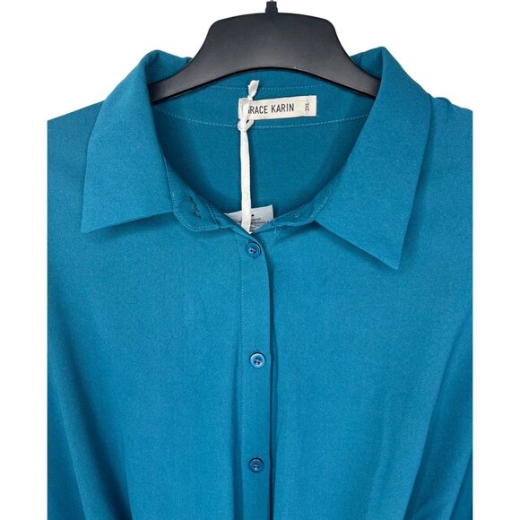 Grace Karin Teal Button-Up Blouse W/ Tie Front & Collared Neckline 2XL - Picture 5 of 16